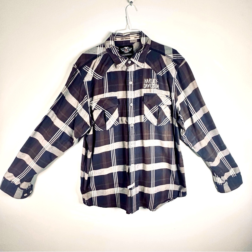 Vintage Harley Davidson Button Up Navy Maroon Flannel Long Sleeved Shirt Sz 2XL